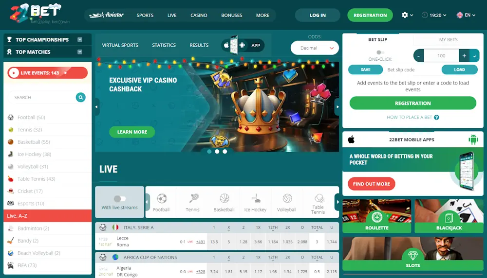22Bet Sportsbook and Casino Screenshot
